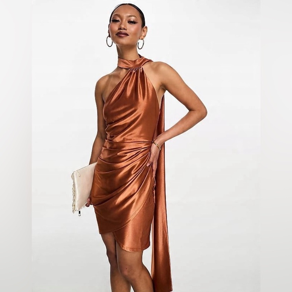 ASOS DESIGN One Shoulder Tie Stretch Satin Mini Dress In Copper - Picture 2 of 6